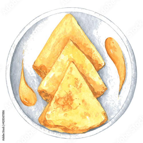 Watercolor crepes and pancake with honey. Illustration for cartoon, paper, textile, decoration, gifts. Vector.