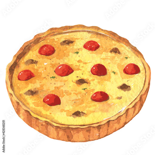 Kish-Loren with cheese and tomatoes. Watercolor hand drawn illustration. Vector