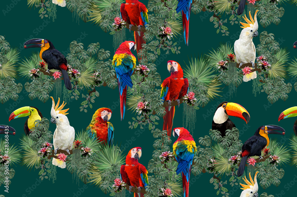Fototapeta premium Seamless patterns Amazon tropical rainforest and macaw birds.