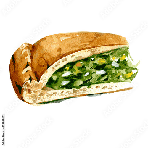 A piece of cabbage and egg pie. Russian national cuisine. Hand drawn watercolor illustration isolated on white background. Vector