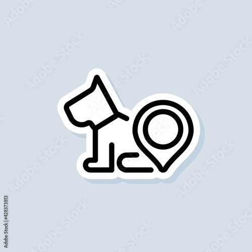 Pet shop location sticker. Pet center, veterinary clinic logo. Dog with pinpoint location. Vector on isolated background. EPS 10