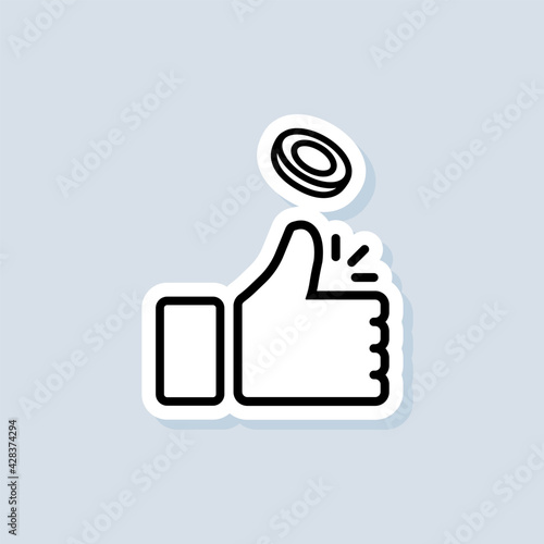 Heads or tails sticker. Coin flipping. Thumb up icon. Vector on isolated background. EPS 10
