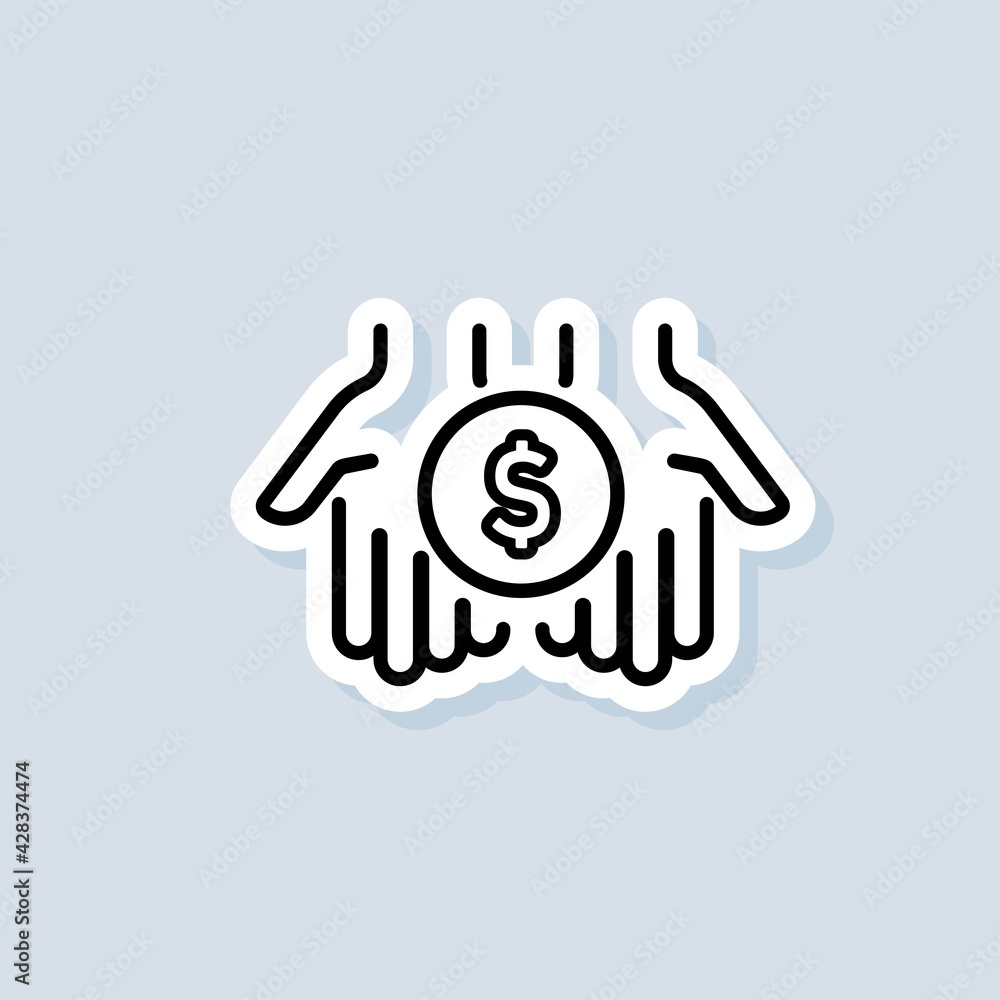Investments sticker. Dollar in palms thin line icon. Simple hand with a coin. Money transfer icon. Vector on isolated background. EPS 10 Investments sticker. Dollar in palms thin line icon. Simple hand with a coin. Money transfer icon. Vector on isolated background. EPS 10