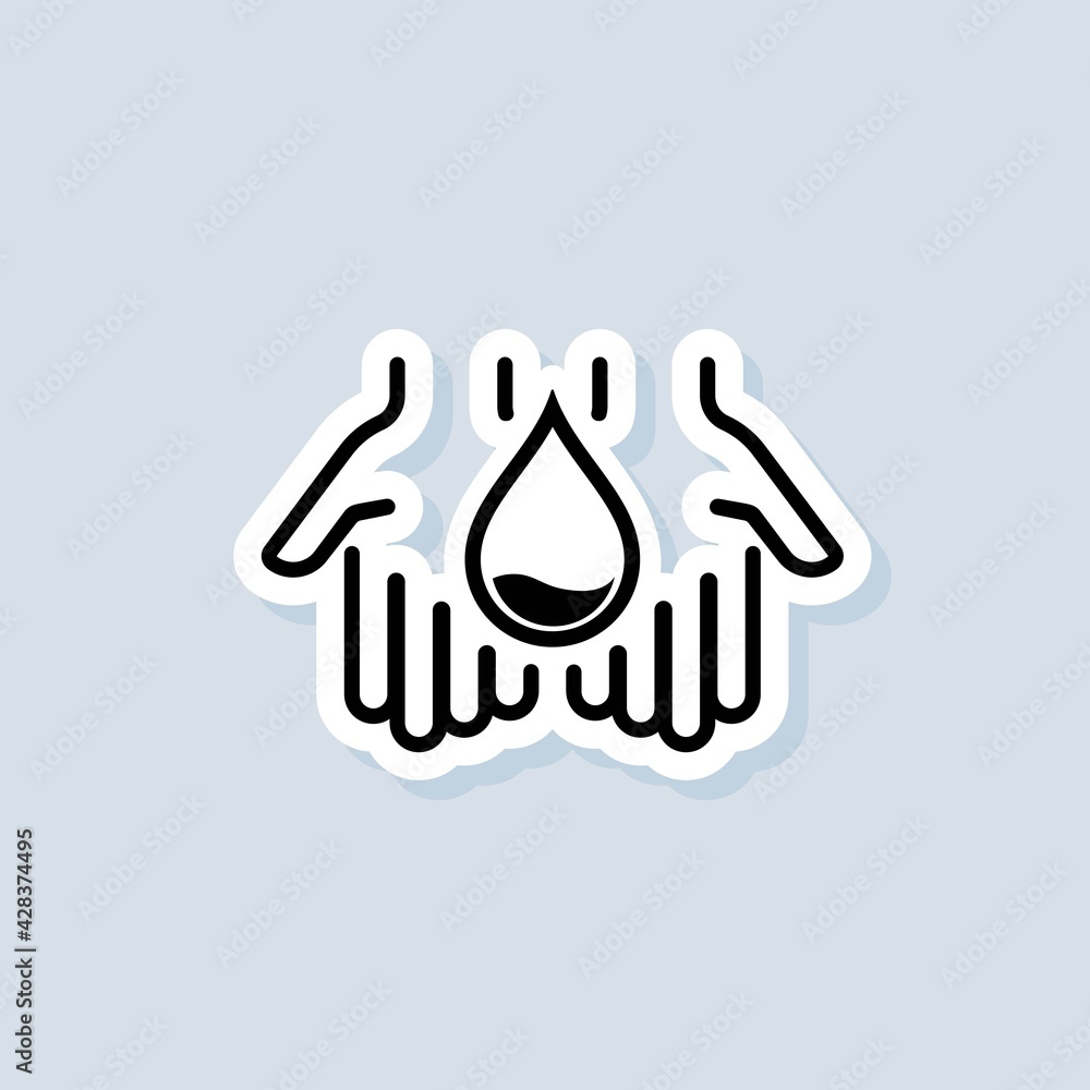 Obraz premium Water drop sticker. Natural aqua. Water drop icon in hand. Saving water is an environmental concept. Vector on isolated background. EPS 10