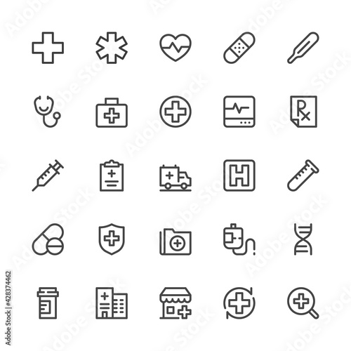 Simple Interface Icons Related to Medicine. Medical Assistance, Hospital, Medical Drugs, Ambulance. Editable Stroke. 32x32 Pixel Perfect.