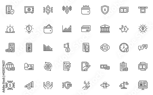 set of finance thin line icons, fintech, digital money