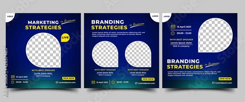 Webinar Social Media post template. Modern banner with abstract gradient blue background. Vector design with place for the photo. Suitable for social media post, banners, flyers, and website.