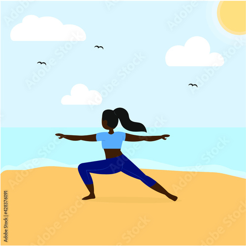 Vector illustration beach girl and health . Hobby . Yoga . Woman . 