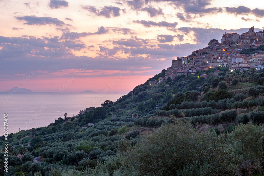 Nicotera, district of Vibo Valentia, Calabria, Italy, Europe, view of the ancient village, in the background Aeolian islands Nicotera, district of Vibo Valentia, Calabria, Italy, Europe, view of the ancient village, in the background Aeolian islands