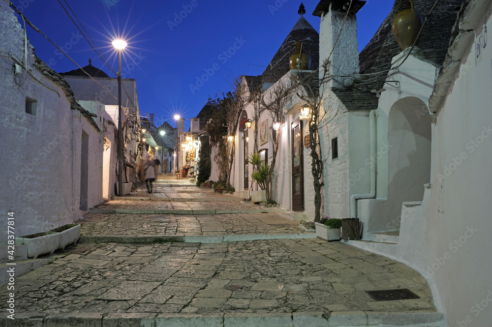 Alberobello, Bari district, Puglia, Italy, Europe, night view of the typical village
