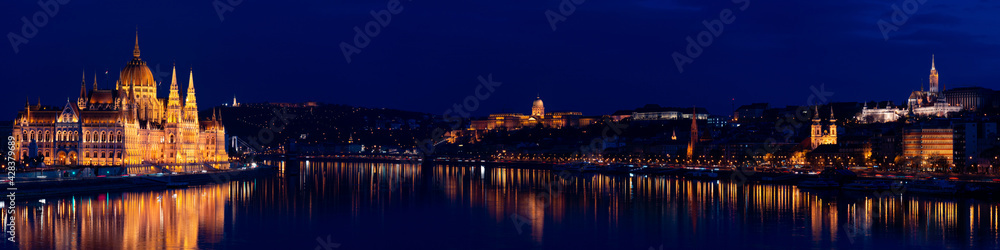 Night Budapest, Parliament against the background of the night city, reflection of lights in the river, panorama of the city