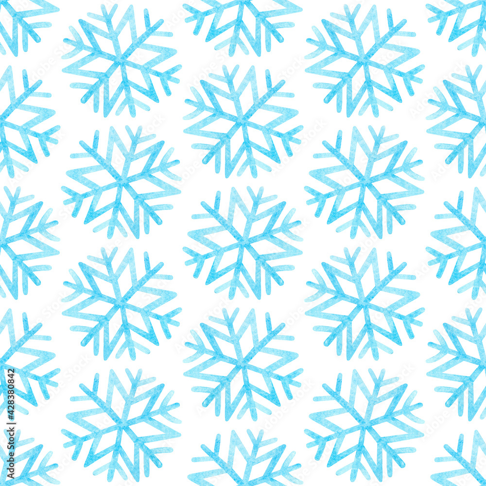 Seamless pattern with light blue snowflakes on a white background. Christmas watercolor illustrations with snowflakes. Christmas ornament. For wrapping paper, cards, banners, posters, fabrics. Seamless pattern with light blue snowflakes on a white background. Christmas watercolor illustrations with snowflakes. Christmas ornament. For wrapping paper, cards, banners, posters, fabrics.