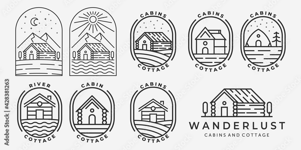 Set Bundle of Cabin Cottage Line Art Logo Vector Minimalist Illustration Design Lake River Ocean Wave Sunrise Forest Pine Tree