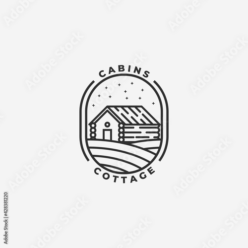 Emblem Wooden Cottage Cabin Line Art Logo Vector Design Illustration Minimalist Badge