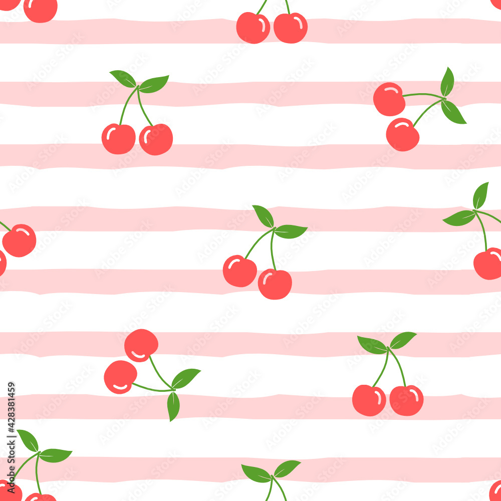 Seamless pattern with cherries fruit on stripe pink background vector illustration.