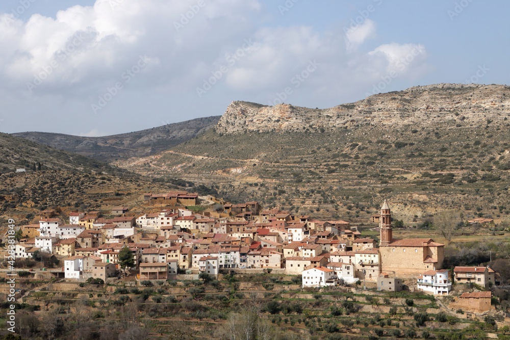 Panoramic view of a small picturesque village in the province of teruel in aragon, spain. The village belongs to the region of Maestrazgo and it is called Seno