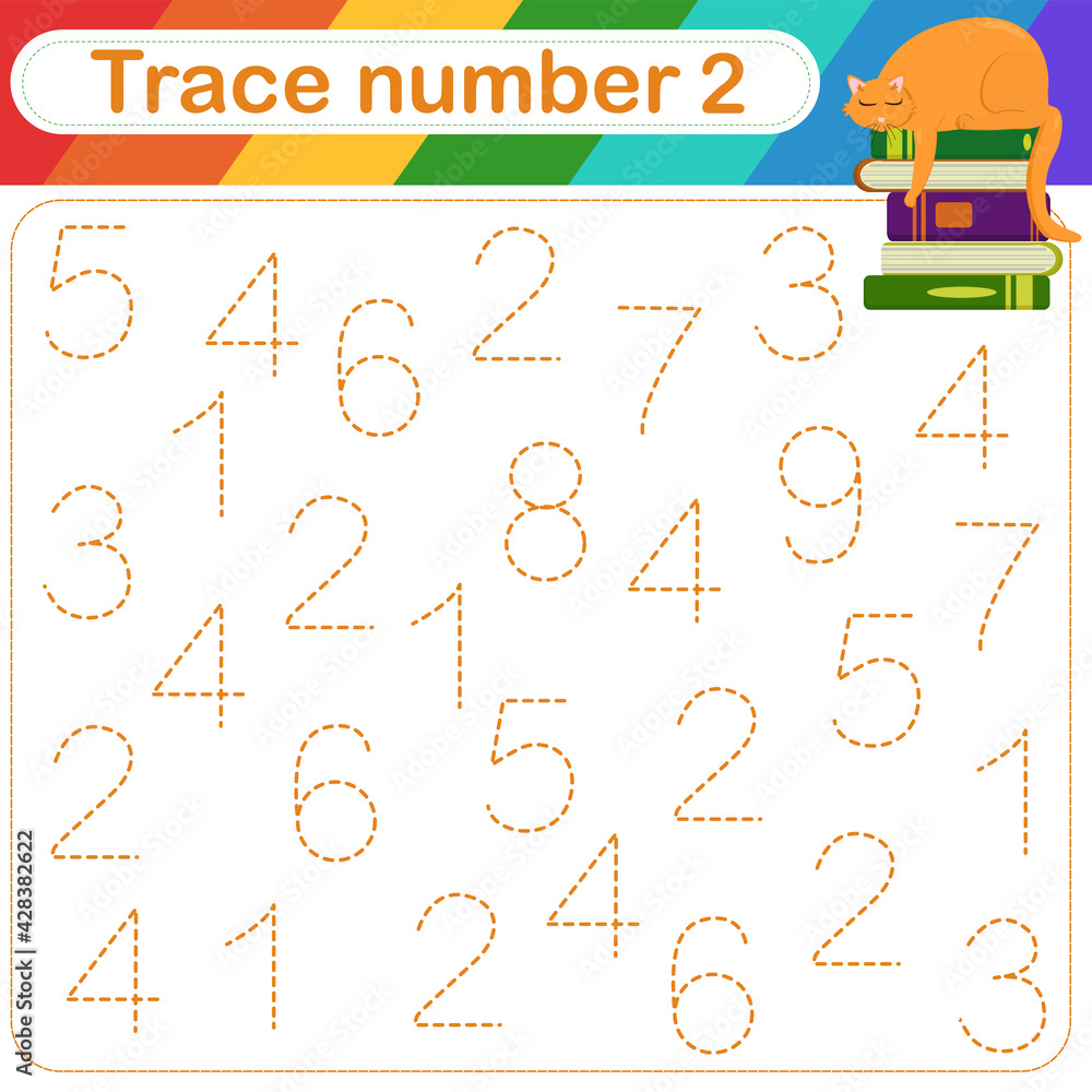 Obraz premium Vector Illustration of activity page for handwriting practice. Learning numbers for kids.Trace number design for learning handwriting. 