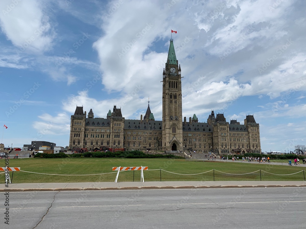 Canadian parliament Centre Block building with Peace tower at the Parliament hill. Ottawa, Ontario, Canada.