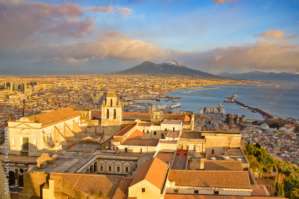 Panoramic view of the old city from the terrace of a medieval castle of Naples, Italy.