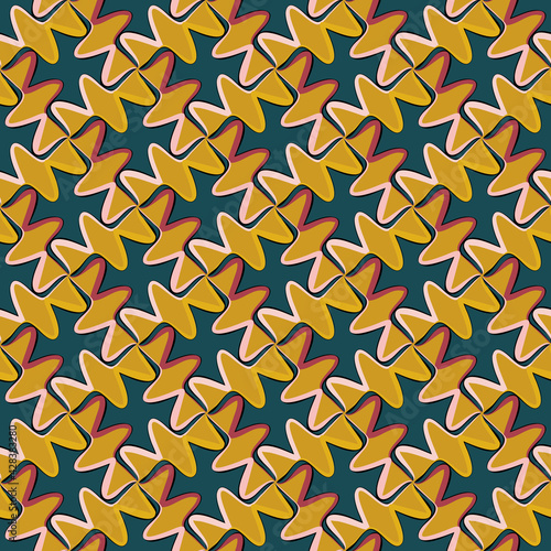 Seamless pattern. An abstraction containing wavy shapes. Blue, yellow, gold, pink, black.