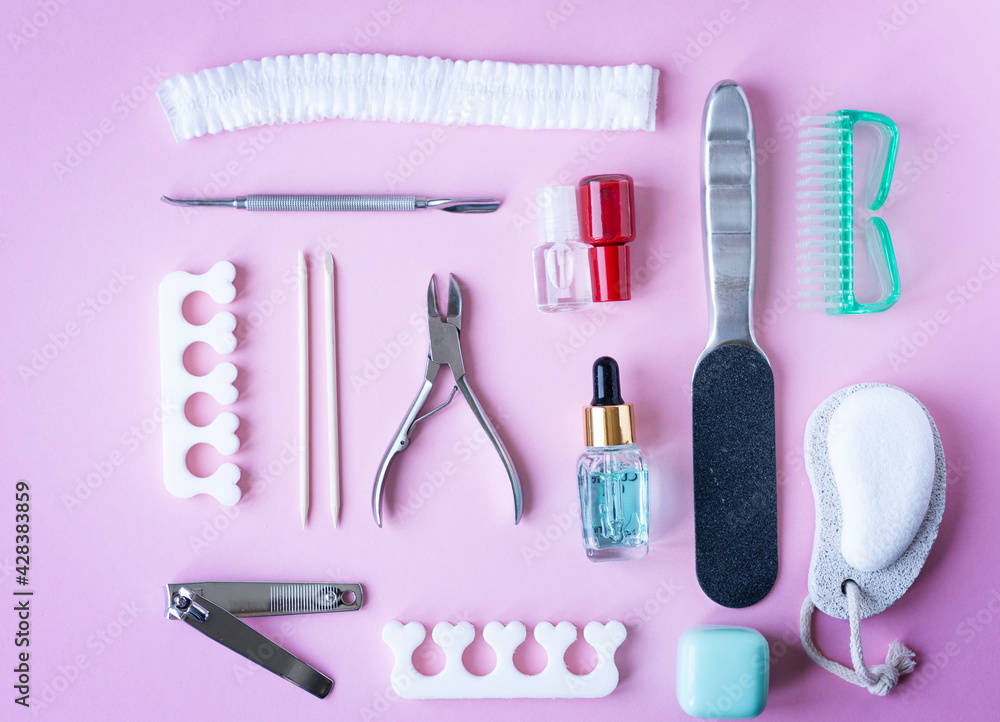 Manicure and pedicure tools set with copy space. Professional pedicure concept.