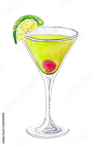 Hand drawn watercolor Cocktail. Mixed alcoholic drink