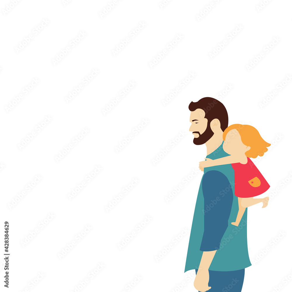 Cartoon side view of cute daughter wearing red dress is riding on her dad back.Young father had bread wearing blue long sleeve shirt with cute little girl.Vector isolate flat design concept for family