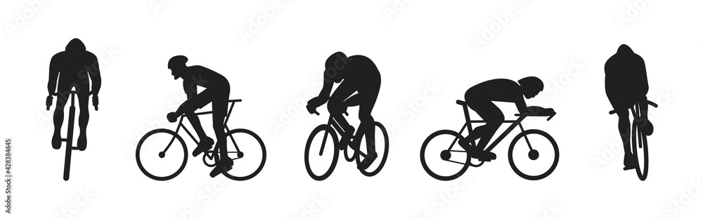 Fototapeta premium A set of cycling sportsmen silhouettes riding. Collection of people in track and road cycling competition. Flat style vector design illustrations.