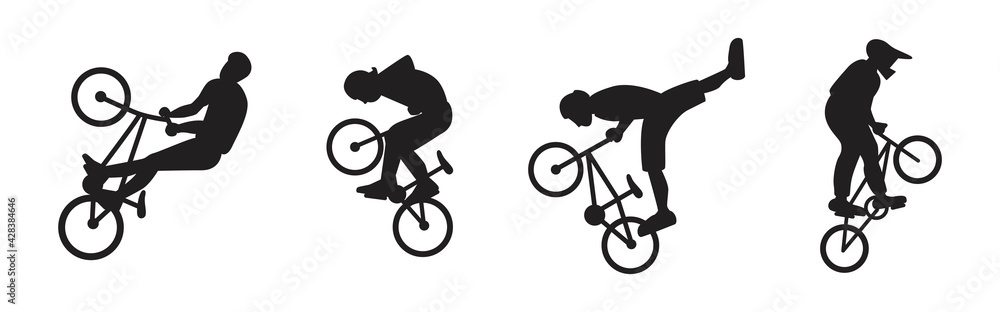 Vektorová grafika „A set of BMX freestyle sportsmen silhouettes .  Collection of freestylers performing stunts. Jumping and somersault guys  with mountain bikes. Flat style vector design illustrations.“ ze služby  Stock | Adobe Stock