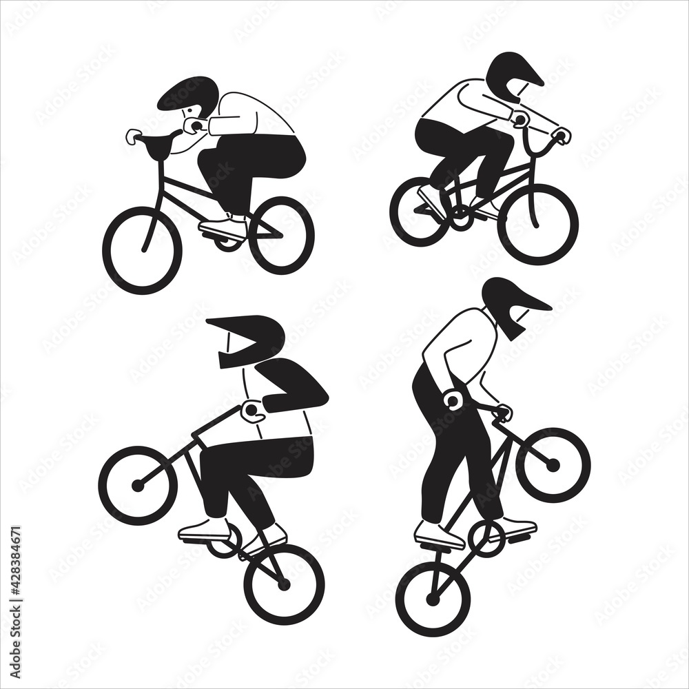 Obraz premium Mountain biking competition. A team of cycling sportsmen. Black and white characters set. Flat style vector design illustrations.