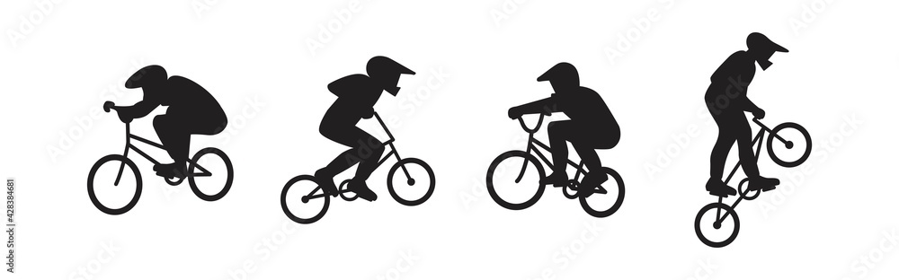 A set of mountain biking sportsmen silhouettes . Collection of cyclists performing stunts. Jumping and somersault guys with mountain bikes. Flat style vector design illustrations. A set of mountain biking sportsmen silhouettes . Collection of cyclists performing stunts. Jumping and somersault guys with mountain bikes. Flat style vector design illustrations.