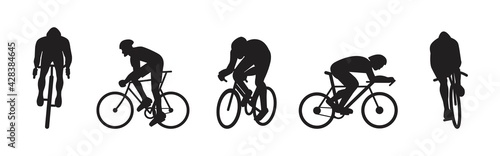 A set of cycling sportsmen silhouettes riding. Collection of people in track and road cycling competition. Flat style vector design illustrations.