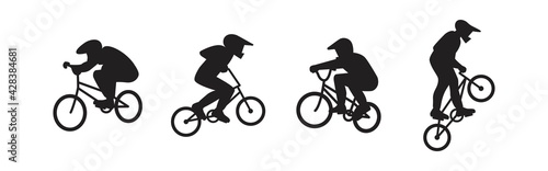 A set of mountain biking sportsmen silhouettes . Collection of cyclists performing stunts. Jumping and somersault guys with mountain bikes. Flat style vector design illustrations.