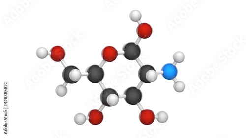 Glucosamine (C6H13NO5) is an amino sugar. treatment for osteoarthritis. Chemical structure model: Ball and Stick. 3D render. Seamless loop. Isolated on white background. photo