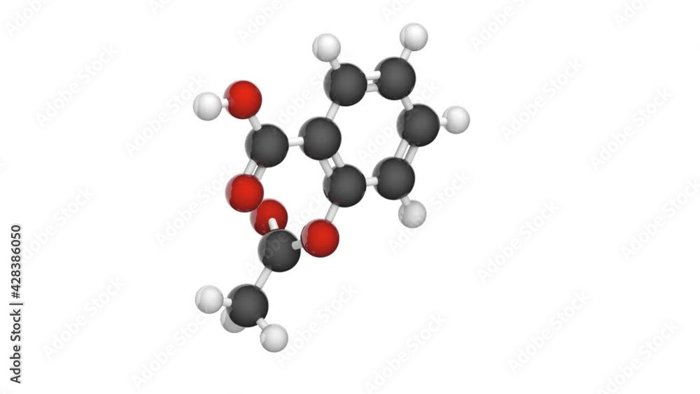 Aspirin (ASA) C9H8O4. Ball + Stick. chemical structure model. 3D render. Seamless loop. Isolated on white background. Aspirin (ASA) C9H8O4. Ball + Stick. chemical structure model. 3D render. Seamless loop. Isolated on white background.