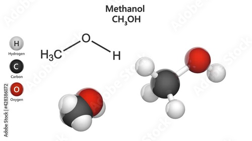 Methanol, also known as methyl alcohol among others, is a chemical with the formula CH3OH (MeOH). Chemical structure model: Ball and Stick + Space-Filling. 3D render. Seamless loop. photo