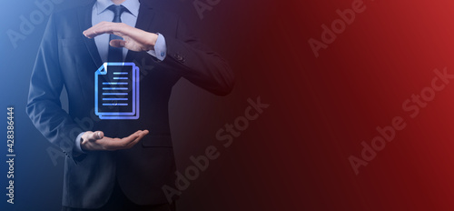 Businessman man holding a document icon in his hand Document Management Data System Business Internet Technology Concept. Corporate data management system DMS