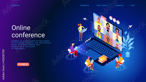 Chat with friends online. Collective virtual meeting and group video conferencing. Online WEBINAR, training. Virtual debate. Isometric picture with small figures of people. 