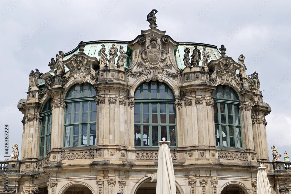 Top of a corner tower of the beautiful Baroque Zwinger complex in Dresden, Germany, Europe
