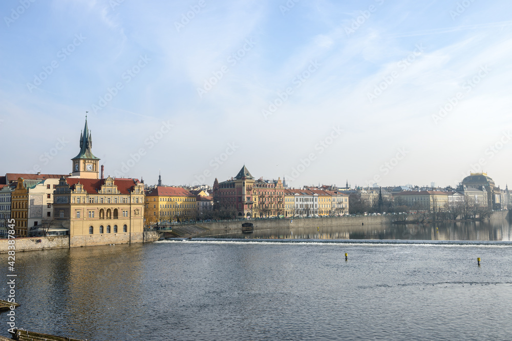View towards Smetanovo embankment on Vltava river, Prague, Czech Republic.