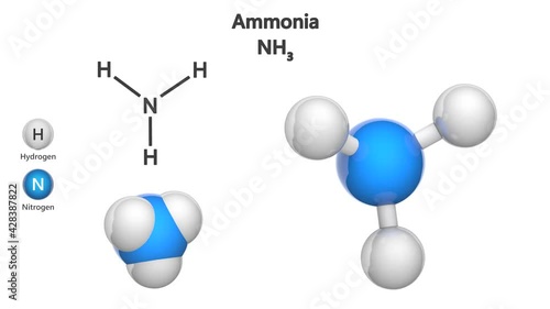 Ammonia (molecular formula: NH3 or H3N) is a colorless alkaline gas. Chemical structure model: Ball and Stick + Space-Filling. 3D render. Seamless loop. Isolated on white background.
