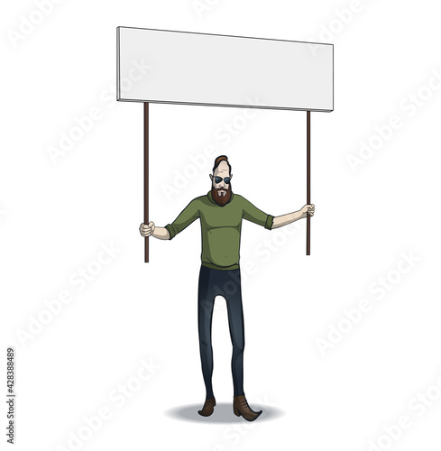 Young stylish hipster in sunglasses with a beard and mustache holding a blank banner. Vector illustration.The concept of protest, picket and expression of social position.Place for text or advertising