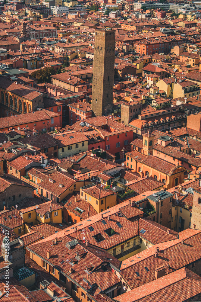 Bologna, Italy - September 7, 2020: Aerial view of historical city center with Torre Prendiparte