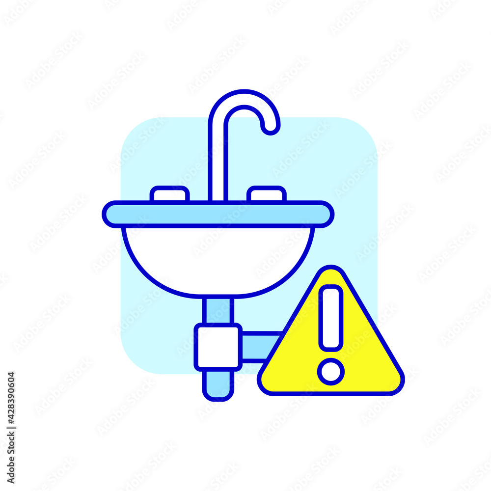 Broken faucet RGB color icon. Plumbing. Blue background. Thin line customizable illustration. Contour symbol. Vector isolated outline drawing.