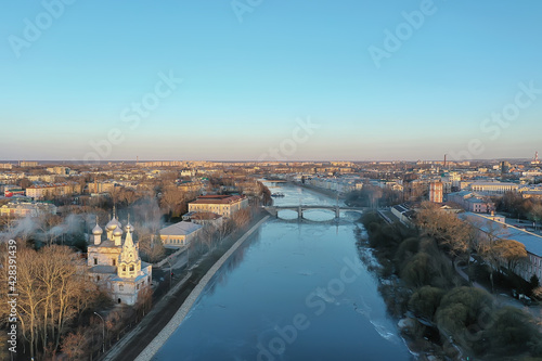 spring top view of vologda landscape, church and cathedral, view in russia orthodoxy architecture