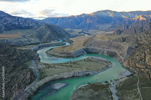 mountain altai river top view drone, landscape altai tourism top view