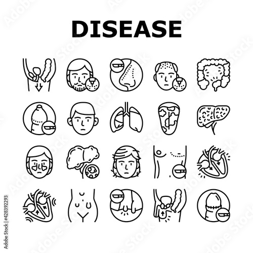 Disease Human Organ Collection Icons Set Vector. Colitis And Breast Gynecomastia, Hemorrhoids And Glossitis, Cryptorchidism And Systole Disease Black Contour Illustrations
