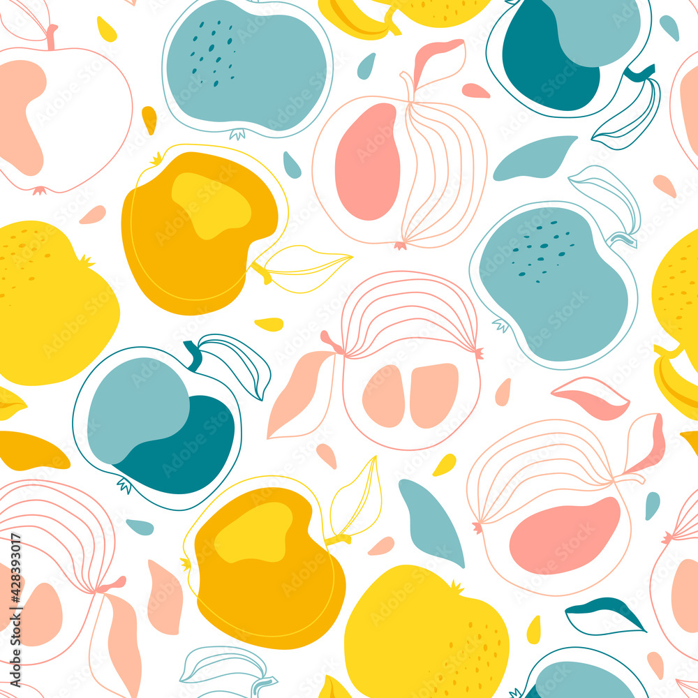 Trending apples seamless pattern in the scandinavian style on a white background. Design of textiles, fabrics, paper, wrapping paper, covers. Kitchen decor, bedding decor