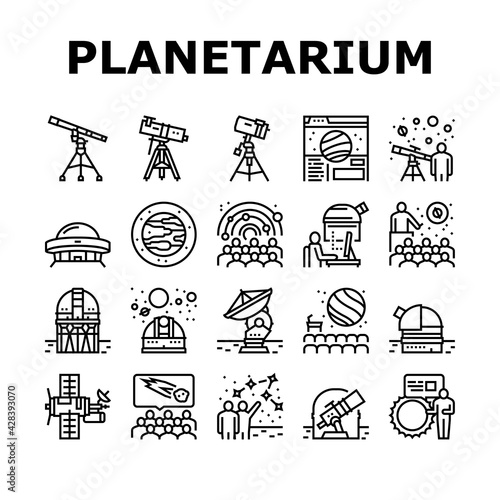 Planetarium Equipment Collection Icons Set Vector. Planetarium Speaker About Stars And Planets, Observatory Astronomy Telescope For Research Galaxy Black Contour Illustrations photo