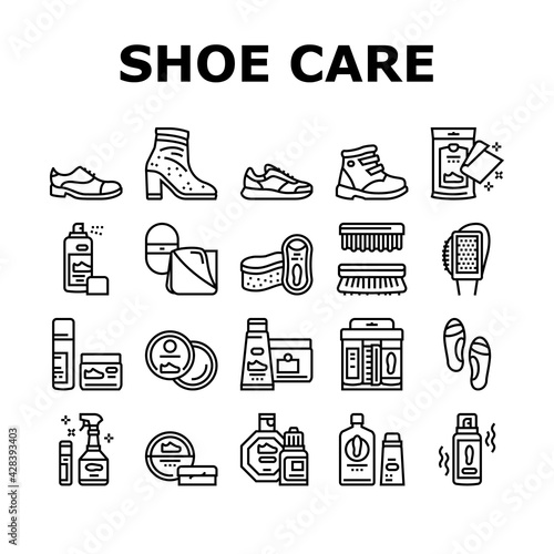 Shoe Care Accessories Collection Icons Set Vector. Leather And Velvet, Children And Everyday Shoe Care, Brush And Sponges, Polishing Tool Black Contour Illustrations